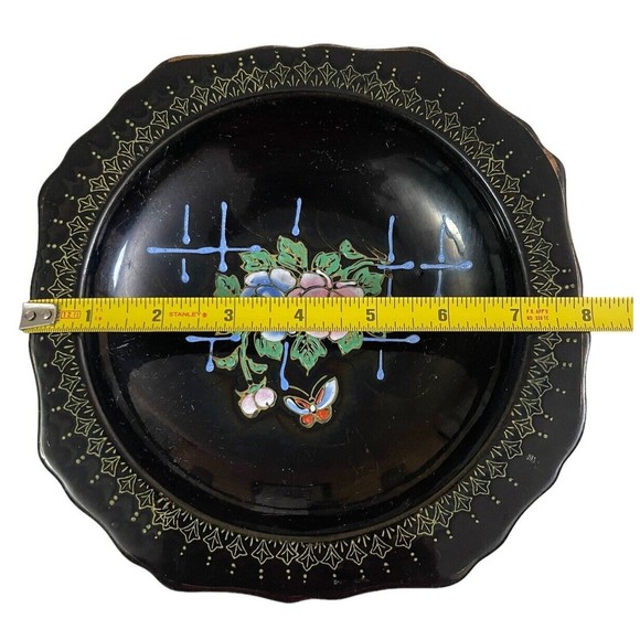 VTG Japanese Pedestal Dish Tashiro Shoten Black Hand Painted Flowers Butterfly - Picture 3 of 10